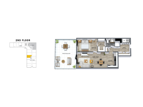 Floor plan for 1 bed, 1 bath, 841 sqft